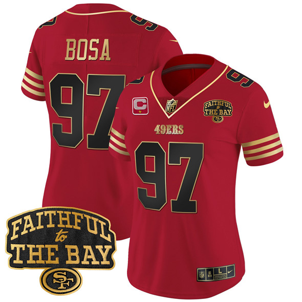 Women's San Francisco 49ers #97 Nick Bosa Red 2025 1-Star C With Faithful To The Bay Patch Limited V8 Stitched Football Jersey(Run Small)